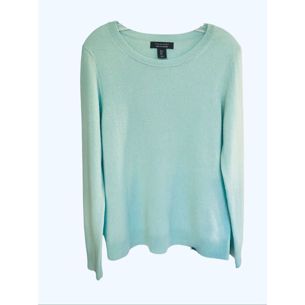 Tahari 100% Cashmere Blue Crew Neck Women Sweater Sz L